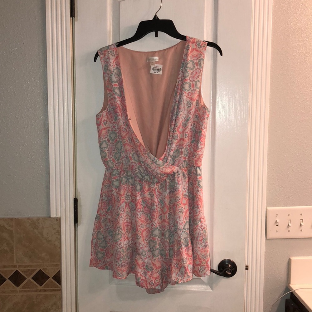 Printed Romper in peach w/ hot pink and teal